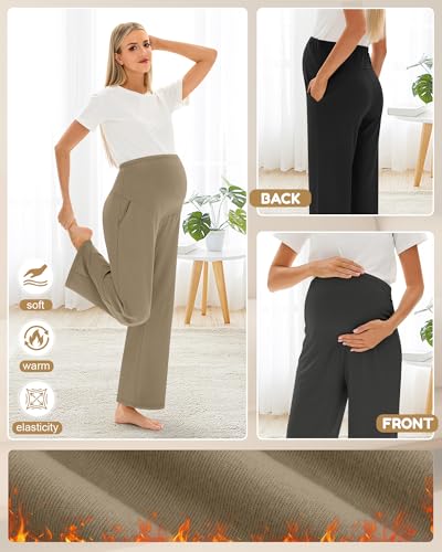 Oakgarden 3 Pack Women's Fleece Maternity Pants - color: Khaki, Charcoal Gray, Black, size: Large