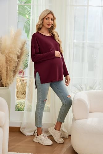 Smallshow Women's Long Sleeve Maternity Shirts Loose Tunic Pregnancy Tops - color: Maroon, size: Small