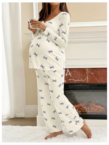 WDIRARA Women's 2 Piece Maternity Lounge Sets Bow Print Long Sleeve Sleepwear Pants Pajama Sets