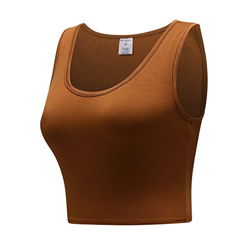 OThread & Co. Women's Basic Crop Tops Stretchy Casual Scoop Neck Sleeveless Crop Tank Top - color: Camel, size: Small