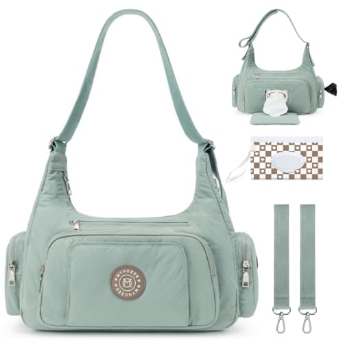 MYHOZEE Puffer Crossbody Diaper Bag for Mom - Lightweight Nylon Mom Bag Baby Purse with Wipes & Trash Bag Dispenser - color: Sage Green