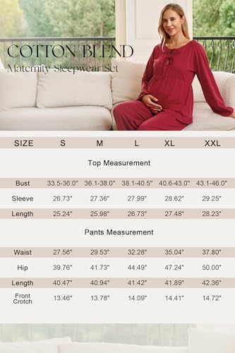 OUGES Womens Cotton Blend Maternity Pajama Sets Tie Front Loungewear Pregnancy Sleepwear Top & Long Pants with Pockets - color: Red, size: Medium