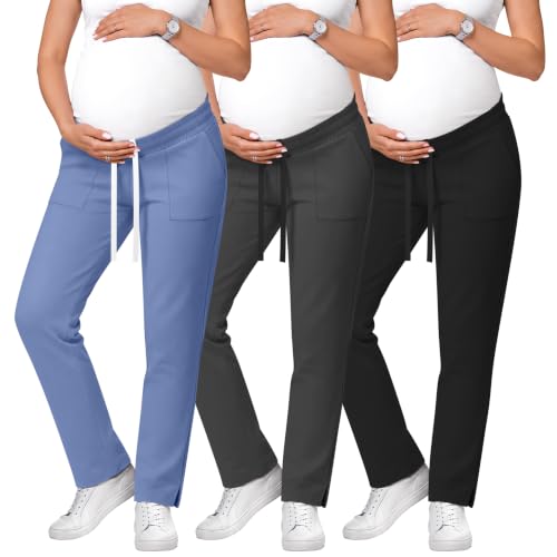 3 Pack Comfy Women's Maternity Scrub Pants - color: Light Blue, Dark Gray, Black, size: Large