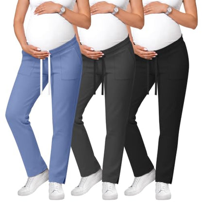 3 Pack Comfy Women's Maternity Scrub Pants - color: Light Blue, Dark Gray, Black, size: Large