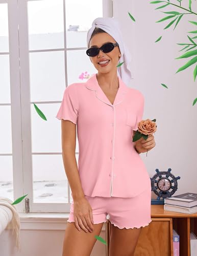 Ekouaer Womens Pajama Sets Bamboo Viscose Button Up Pjs 2 Piece Lounge Set - color: Light Pink, size: Small