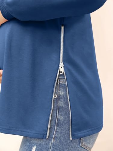 Women's Maternity Shirts Long Sleeve Sweatshirt Zipper Split Side Pregnancy Casual Tunic Top - color: Navy Blue, size: Medium