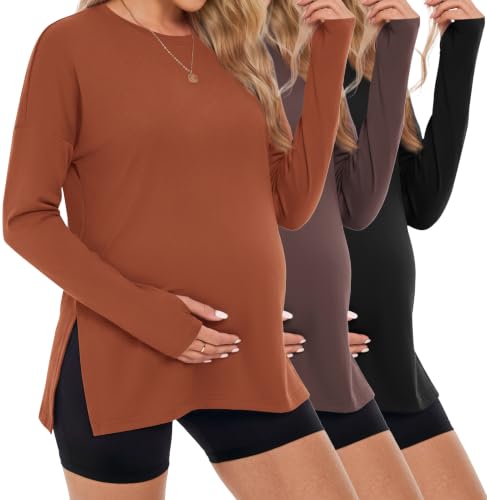 3 Pack Women Maternity Shirts Long Sleeve Pregnancy Tops with Thumb Hole - color: Black/Brown/Caramel, size: Small
