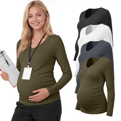 Neer 4 Pack Maternity Long Sleeve V Neck Under Scrub Tops - color: Black, White, Dark Gray, Army Green, size: Medium