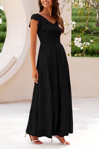 PRETTYGARDEN Women's Summer Smocked Flowy Maxi Dress - color: Solid Black, size: Small