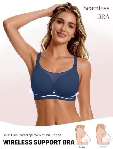 Avidlove Wireless Bras for Women Seamless Full Coverage Bra Mesh Comfy Bralette Tshirt Everyday Bras - color: Deep Blue, size: Medium