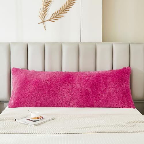JAUXIO Faux Fur Fluffy Body Pillow Cover Luxury Shaggy Plush Decorative Solid Body Pillowcase, Ultra Soft and Cozy Zipper Closure 21 x 54 Inches, Hot Pink - color: Hot Pink
