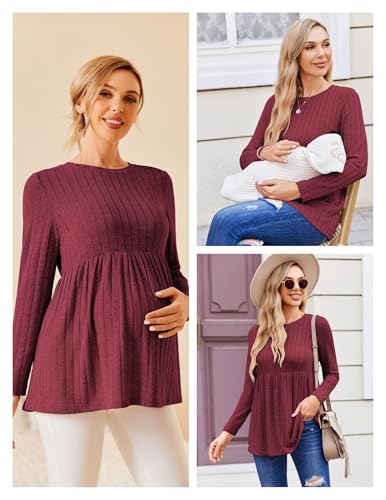 Maternity Shirts Dressy Long Sleeve Pregnancy Fall Tops Work Blouses - color: Wine Red, size: Medium