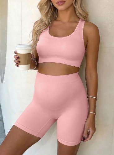 BLENCOT Maternity Workout Sets Pregnancy Yoga Ribbed Tank Tops with Bra - color: Pink, size: Large