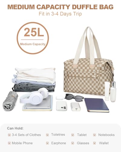 Pritent Travel Duffle Bag, Weekender Overnight Personal Item Carry On Bag - color: Khaki Square Grid, size: Medium