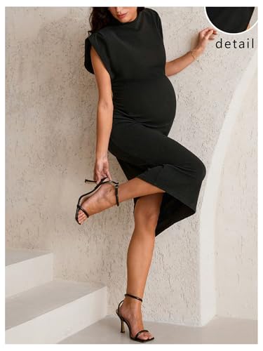 OYOANGLE Women's Maternity Cap Sleeve Pregnancy Bodycon Midi Dresses - color: Black, size: Small