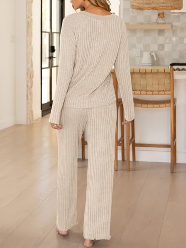 ANRABESS Womens Lounge Set 2 Piece Pajama Sets Ribbed Knit Matching Set - color: Light Khaki, size: Medium