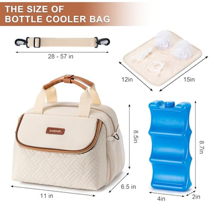 Breastmilk Cooler Breast Pump Bag with Ice Pack Fits 6 Bottles Up to 9 Oz - color: Cream