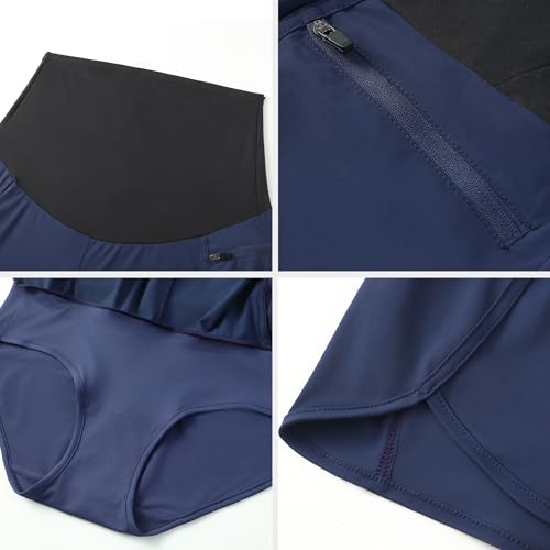 Foucome Womens 2 in 1 Maternity Athletic Shorts with Zipper Pocket - color: Navy Blue, size: Medium