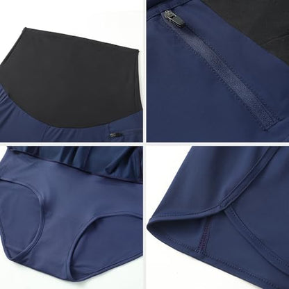 Foucome Womens 2 in 1 Maternity Athletic Shorts with Zipper Pocket - color: Navy Blue, size: Medium