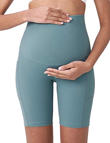 POSHDIVAH Maternity Biker Shorts Over the Belly with Pockets 5"/8" - color: Light Green, size: Medium