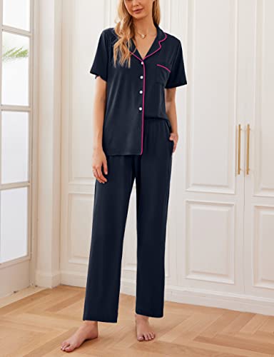 Ekouaer Womens Pajamas Set Short Sleeve Button Down Top & Pants Lounge Pjs - color: Dark Slate, size: Small