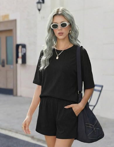 Ekouaer Two Piece Sets for Women Summer 2026 Lounge Sets Matching Outfits - color: Black, size: Medium