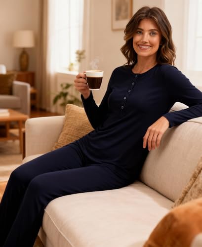 GYS Women's Bamboo Viscose Nursing Pajama Set, Wide Waist Cooling - color: Navy, size: Medium