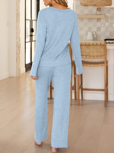 ANRABESS Womens Lounge Set 2 Piece Pajama Sets Ribbed Knit Matching Set - color: Light Blue, size: Large