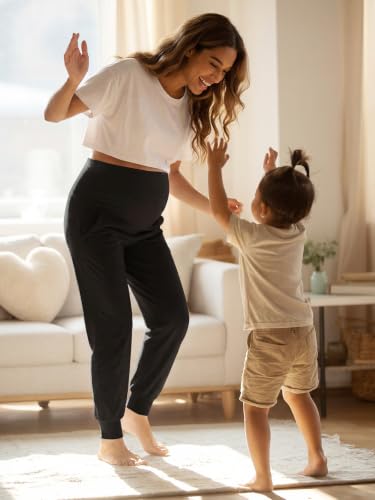 Summer Mae Viscose Maternity Jogger Pants Pregnancy Lounge Pant with Pocket - color: Black, size: XX-Large