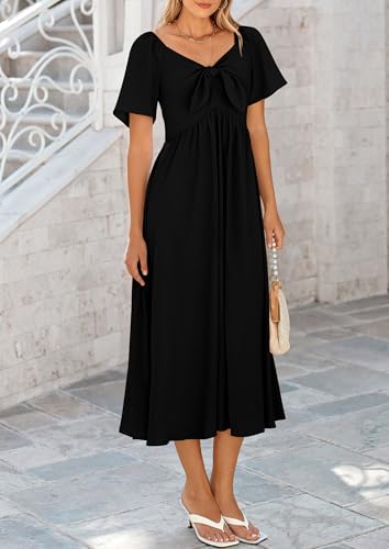 PRETTYGARDEN Women's Summer Bow Tie V Neck Midi Dresses - color: Black, size: Medium