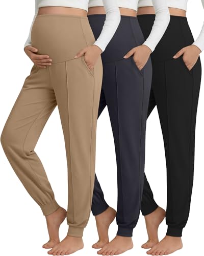Oakgarden 3 Pack Women's Maternity Pants Over the Belly Joggers - color: Black, Dark Gray, Khaki, size: XX-Large