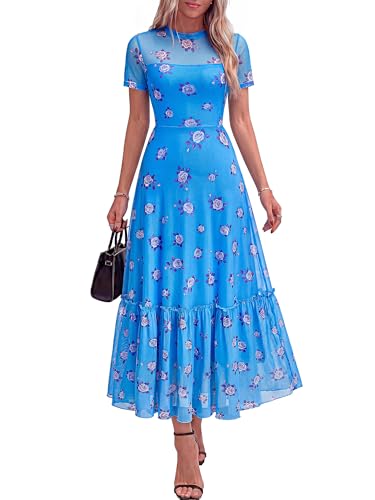 BTFBM Womens Mesh Ruffle Boho Cocktail Dresses - color: Floral Light Blue Purple, size: Medium