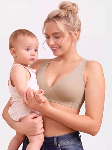 Nursing Bra for Breastfeeding Wireless V Neck Sleep Bra - color: Beige, size: Small