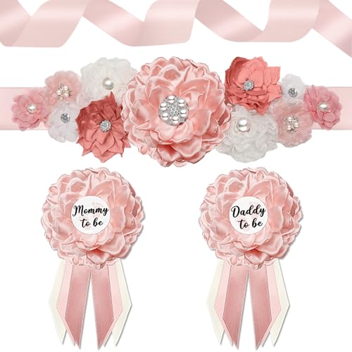 Baby Shower Maternity Sash Belly Belt, Pink Mom to Be Sash Daddy to Be Corsage Pin Baby Shower Decorations for Girl, Pregnancy Photo Props Supplies,Gender Reveal Decorations - color: Pink