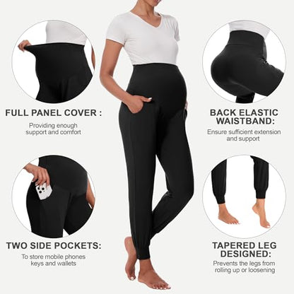 HIGHDAYS Maternity Pants with Pockets, Over Belly Thick Pregnancy Leggings - color: Black, size: Medium