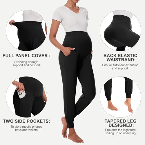 HIGHDAYS Maternity Pants with Pockets, Over Belly Thick Pregnancy Leggings - color: Black, size: Large