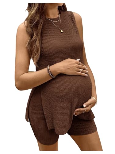 OYOANGLE Women's Two Piece Maternity Outfit Slit Hem Sleeveless Shorts Set - color: Brown, size: Medium