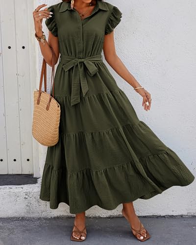 dowerme Women Ruffle Sleeve Button Belted Boho Maxi Dress - color: Army Green, size: X-Large