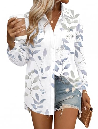 HOTOUCH Womens Button Down Shirts Linen Cotton Long Sleeve Blouse Loose Fit - color: B-white Leaves, size: Medium