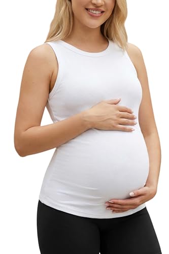 OUGES Women's Cotton Maternity Tank Tops with Built in Bras Sleeveless Crewneck Ribbed Knit Pregnancy Clothes 2026 - color: White, size: Medium