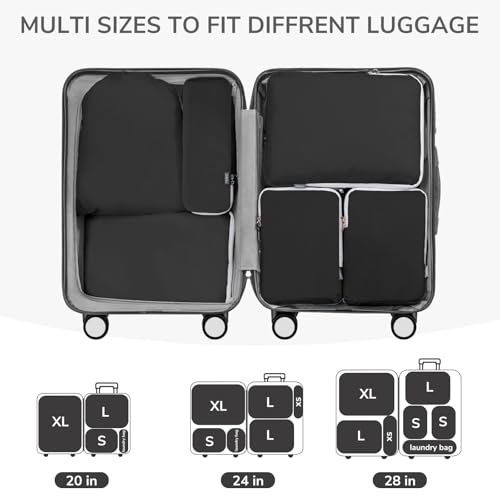 CherryNow 7 Set Compression Travel Packing Cubes for Suitcases, Black - color: Black