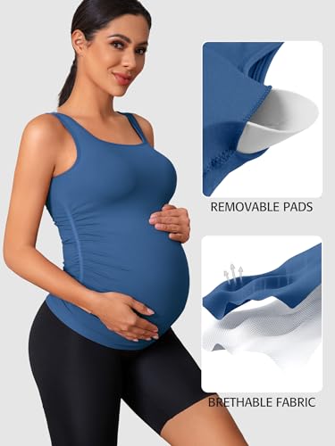 ATTRACO Maternity Tank Tops Seamless Side Ruche Sleeveless Pregnancy Basic Shirt with Built in Bra - color: Pitch Blue, size: Small