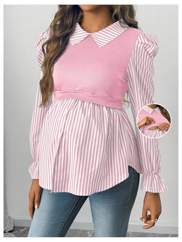 WDIRARA Women's Maternity Striped Button Down Shirts Long Sleeve Collared Blouse 2 in 1 Nursing Top - color: Pink, size: X-Large