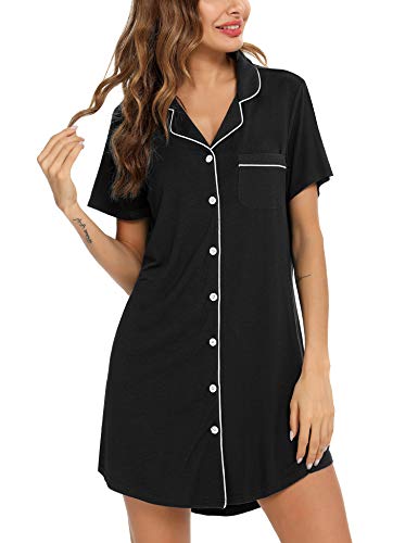 Senert Nightgowns for Women Button Down Sleeve Sleep Shirt Night Gowns - color: Black, size: X-Large