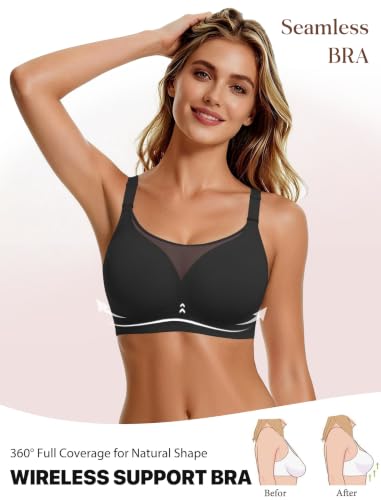 Avidlove Wireless Bras for Women Seamless Full Coverage Bra Mesh Comfy Bralette Tshirt Everyday Bras - color: Black, size: 3X-Large