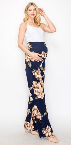 My Bump Women's Maternity Casual Bohemian Damask Palazzo Pants W/Tummy Control - color: Navy, size: Medium