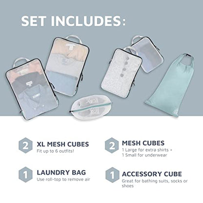 TRIPPED Travel Gear Large Compression Packing Cubes with Mesh 6-Piece Set - color: Dusty Teal