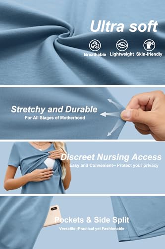 OUGES Womens 2026 Summer Short Sleeve Maternity Nursing Dress V Neck Breastfeeding Split Long Dress Pregnancy Clothes - color: Gray Blue, size: Small