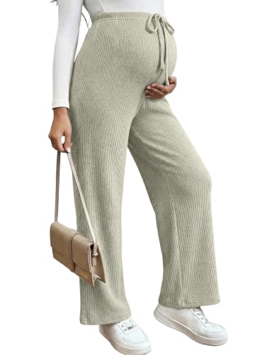 BLENCOT Maternity Pants Casual Stretchy Wide Leg Pregnancy Trousers - color: Light Green, size: Large