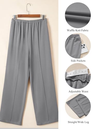 BLENCOT Women's Maternity Pants Work Adjustable Waisted Wide Leg Waffle Knit Trousers Pregnancy Clothes with Pockets - color: Grey, size: Small